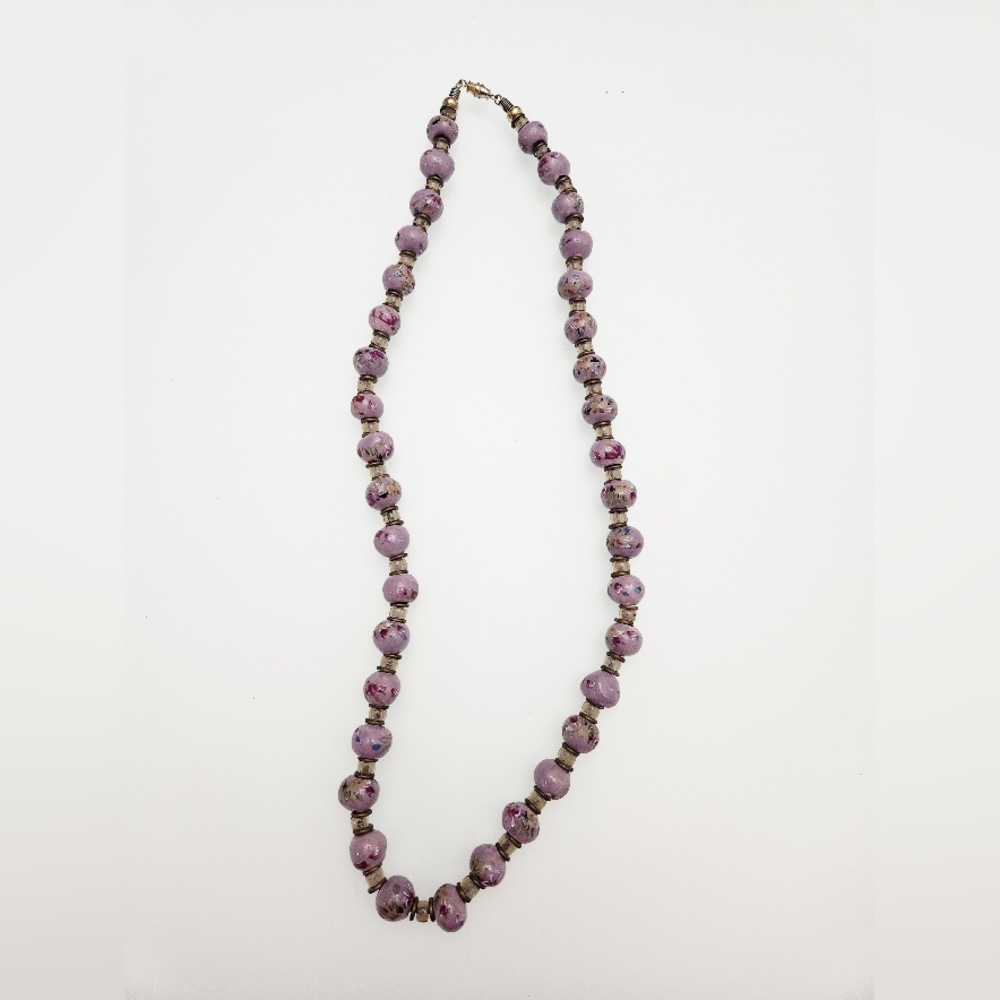 Vintage 60s Pottery Beads Purple Hand Painted Necklace